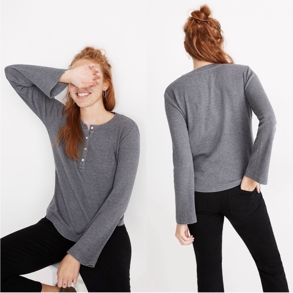 Madewell Top Heathered Thermal Henley Tee Long Sleeve Gray XL